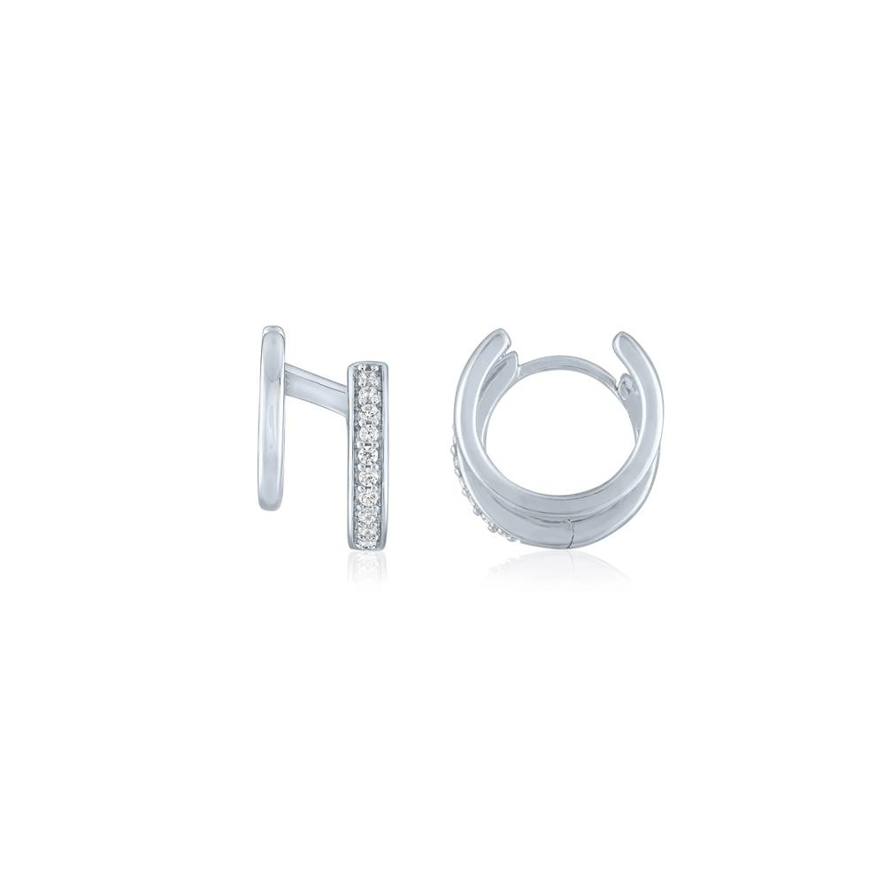 Double Hoop Huggie Earrings with Diamond Accents in Sterling Silver – Image 2 of 2