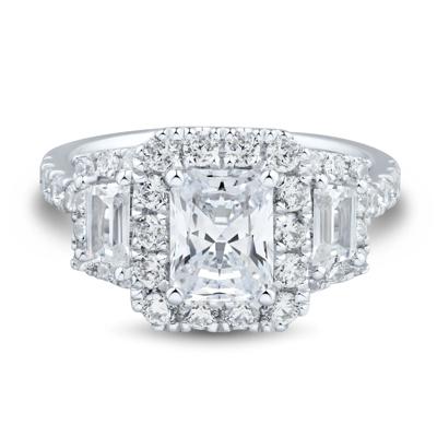 Lab Grown Diamond Radiant Center Trapezoid Three-Stone Engagement Ring in 10K White Gold (3 ct. tw.)