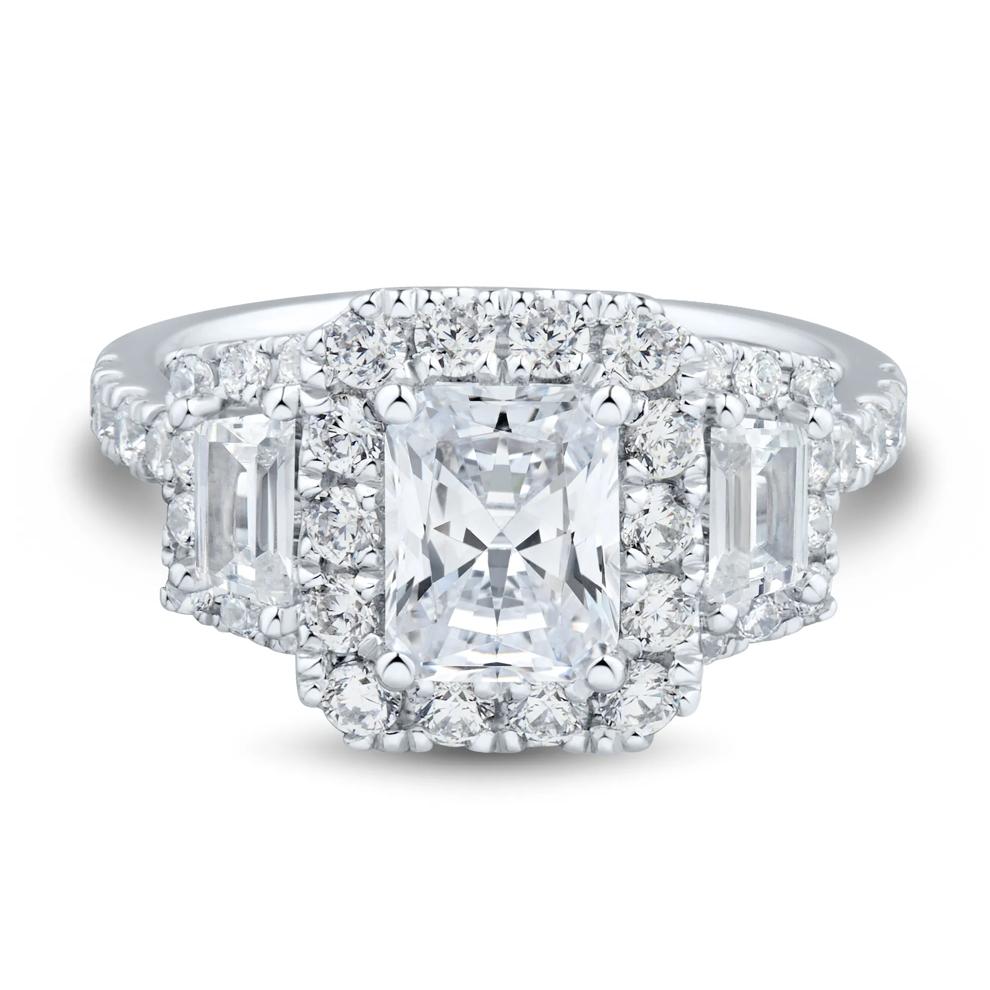 Lab Grown Diamond Radiant Center Trapezoid Three-Stone Engagement Ring in 10K White Gold (3 ct. tw.) – Image 1 of 3