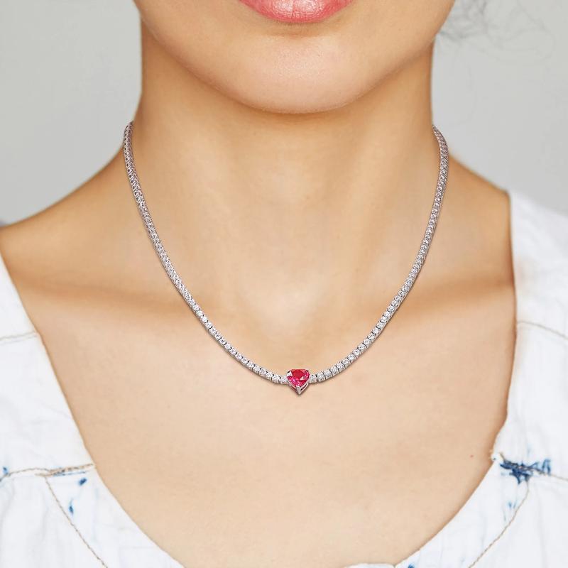 Lab Created White Sapphire and Lab Created Ruby Heart Necklace in Sterling Silver – Image 5 of 5