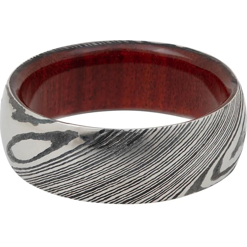 Men&rsquo;s Wedding Band with Wood Sleeve in Damascus Steel, 8mm – Image 1 of 4