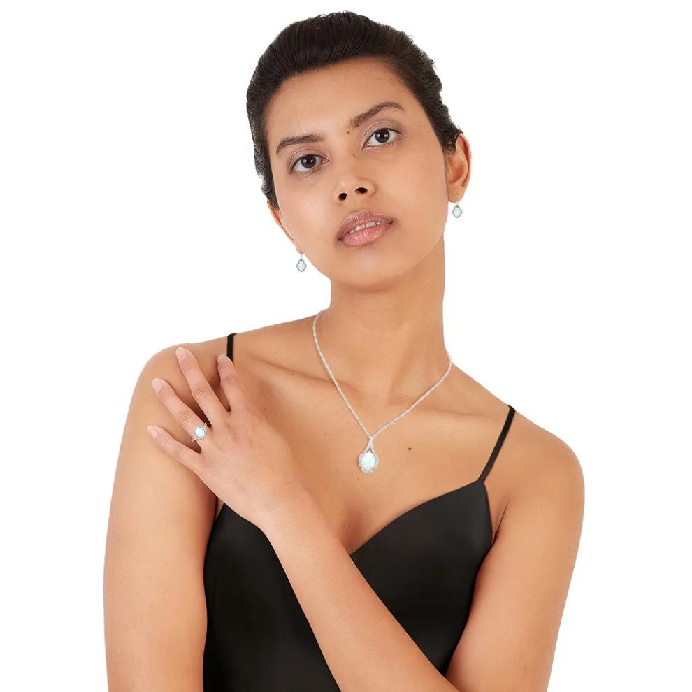 Oval Opal &amp; Lab Created White Sapphire Earring, Pendant &amp; Ring Set in Sterling Silver – Image 6 of 9