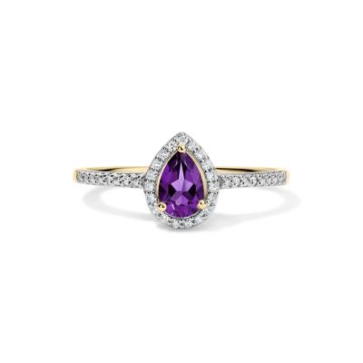 Purple Amethyst & Diamond Accent Halo Ring in 10K Yellow Gold