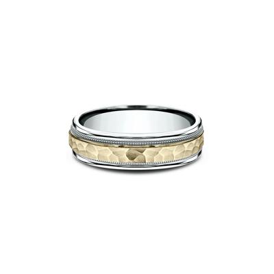 Men’s Hammered Milgrain Wedding Band in 10K White & Yellow Gold, 6mm