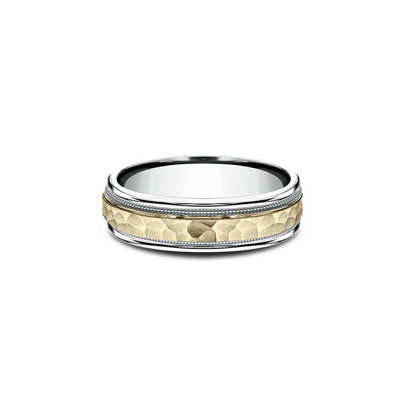 Men&rsquo;s Hammered Milgrain Wedding Band in 10K White &amp; Yellow Gold, 6mm – Image 1 of 3