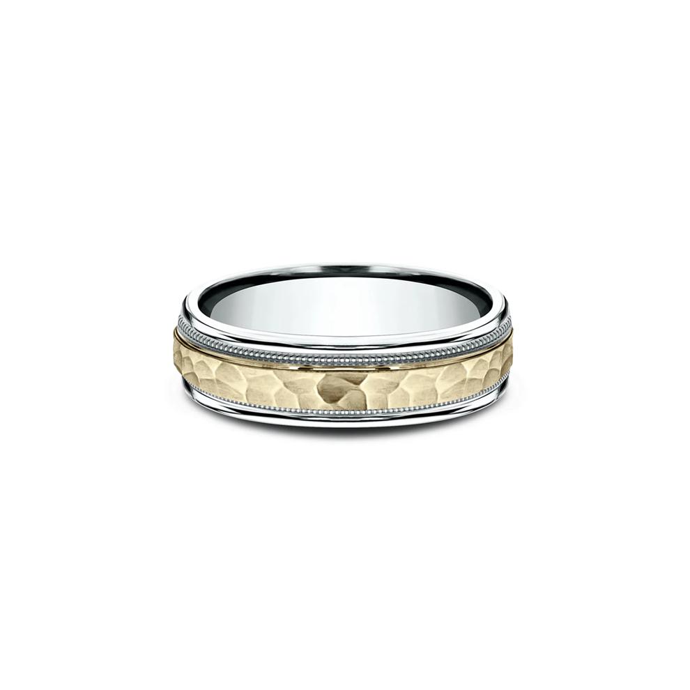 Men&rsquo;s Hammered Milgrain Wedding Band in 10K White &amp; Yellow Gold, 6mm – Image 1 of 3
