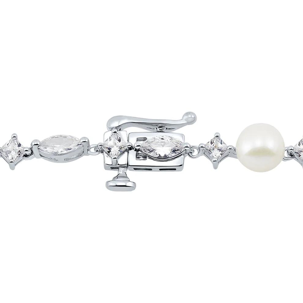 Freshwater Cultured Pearl &amp; Lab Created White Sapphire Necklace in Sterling Silver – Image 3 of 4