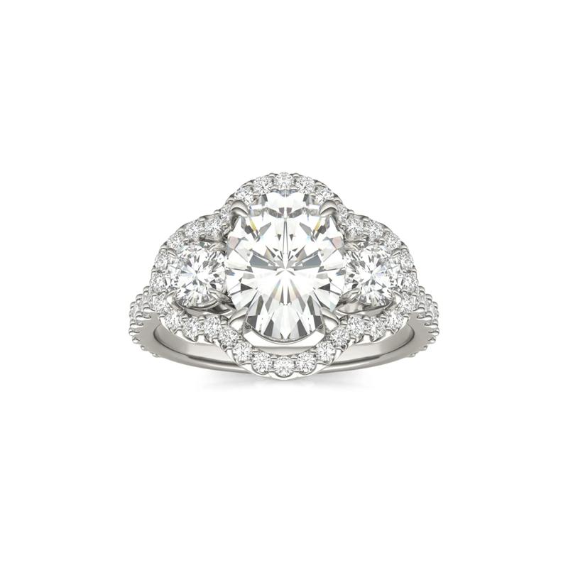 Oval Moissanite Three-Stone Ring with Halo in 14K White Gold – Image 4 of 5