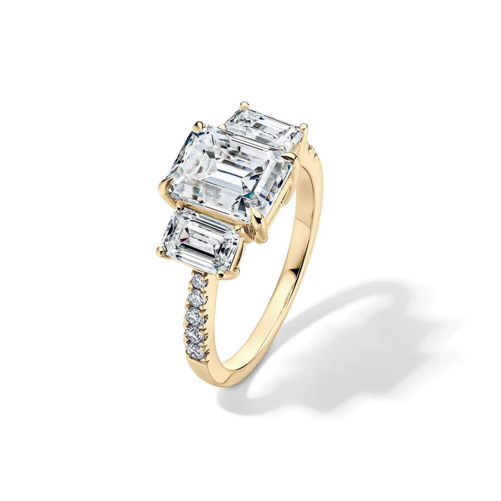 Lab-Created Moissanite Emerald-Cut Three-Stone Ring in 10K Yellow Gold (3 1/4 ct. dew) – Image 4 of 4