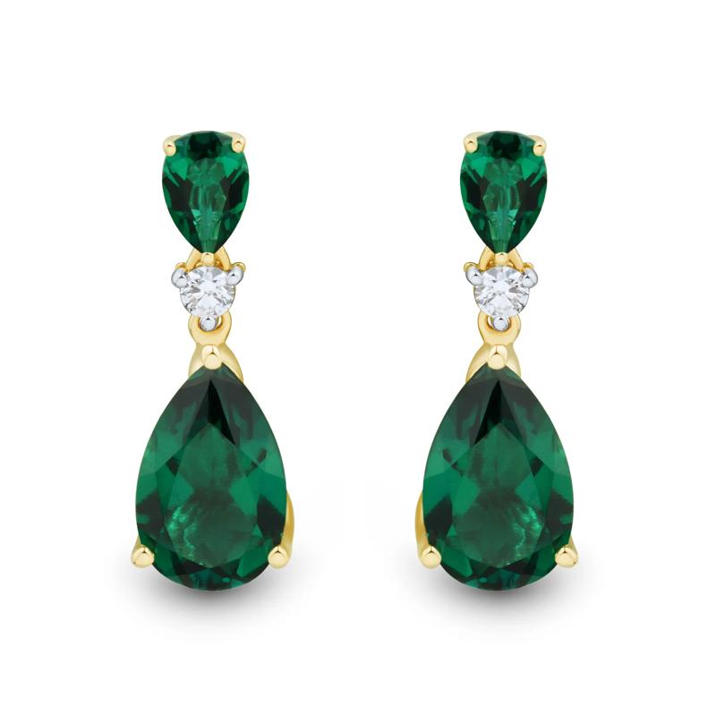 Lab-Created Pear-Shaped Emerald and Lab Grown Diamond Earrings in 10K Yellow Gold &#40;1/8 ct. tw.&#41; – Image 2 of 2