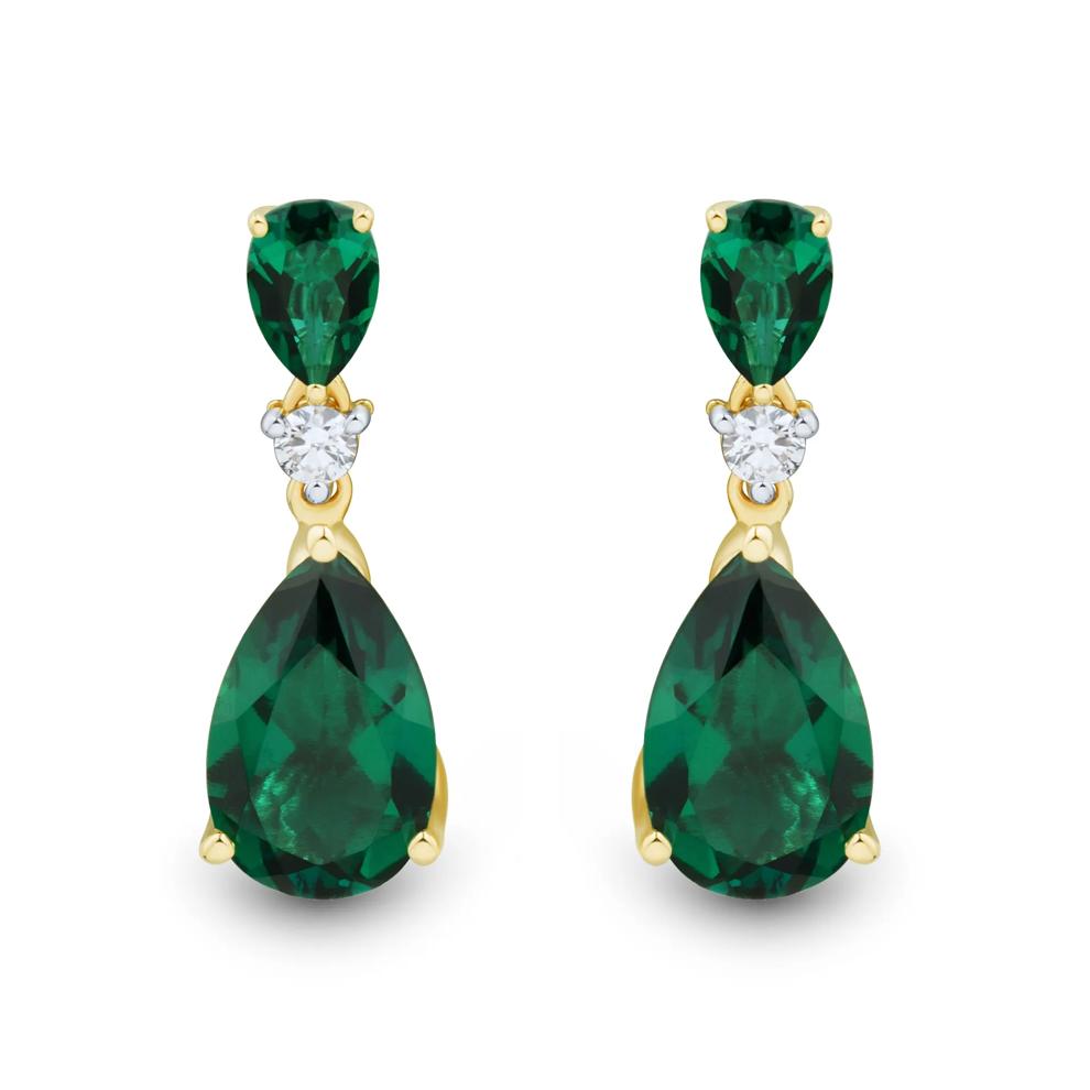 Lab-Created Pear-Shaped Emerald and Lab Grown Diamond Earrings in 10K Yellow Gold (1/8 ct. tw.) – Image 2 of 2