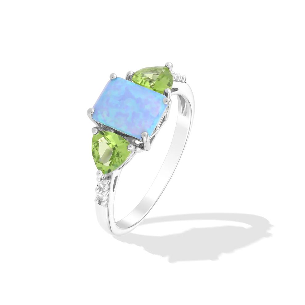 Lab-Created Blue Opal, Green Peridot &amp; Lab-Created White Sapphire Three-Stone Ring in Sterling Silver – Image 4 of 4