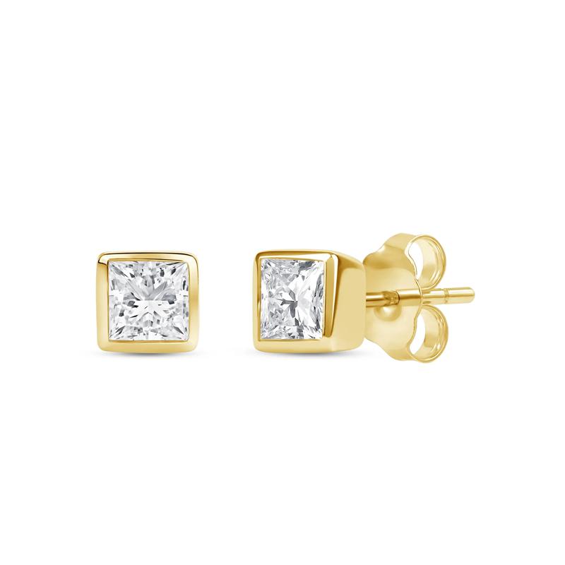 Lab Grown Diamond Princess-Cut Bezel-Set Solitaire Stud Earrings in 14K Yellow Gold &#40;1/4 ct. tw.&#41; – Image 1 of 3