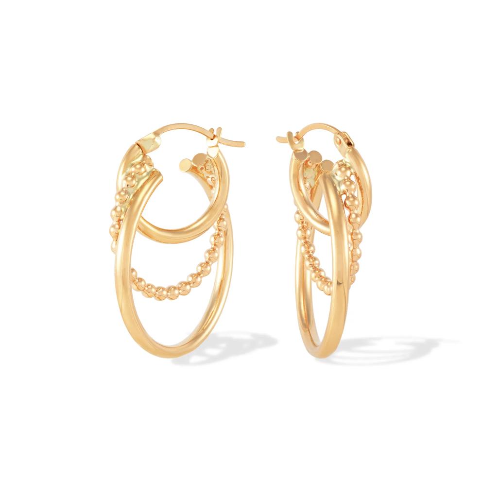 Triple Row Beaded &amp; Polished Hoop Earrings in 10K Yellow Gold, 30x26mm – Image 1 of 2