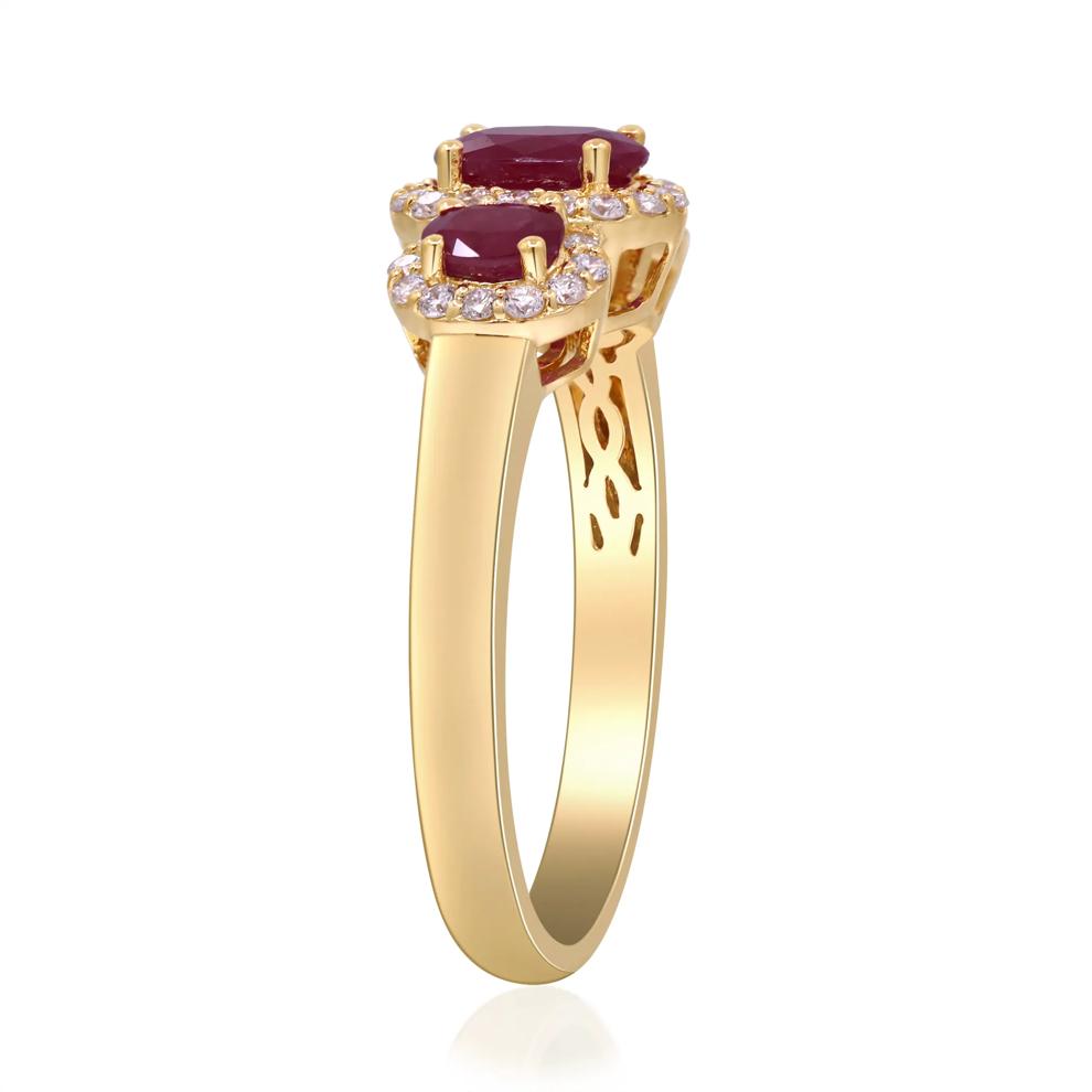 Oval Ruby &amp; Diamond Three-Stone Halo Ring in 10K Yellow Gold (1/4 ct. tw.) – Image 3 of 4