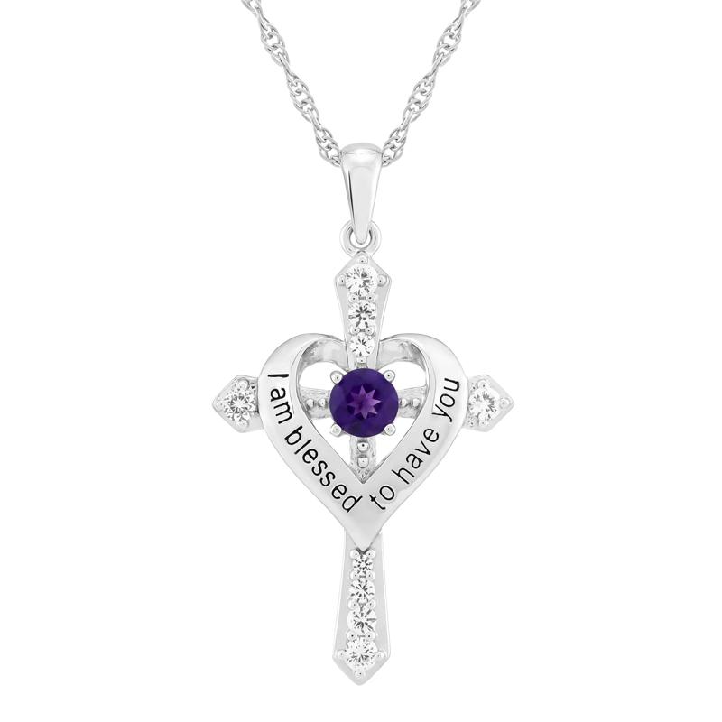 I Am Blessed to Have You Amethyst and Lab-Created White Sapphire Cross Pendant in Sterling Silver – Image 1 of 3