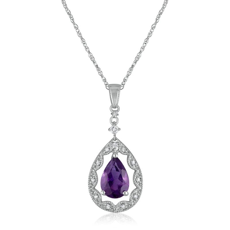 Pear-Shaped Amethyst and Diamond Accent Necklace in 14K White Gold – Image 1 of 3