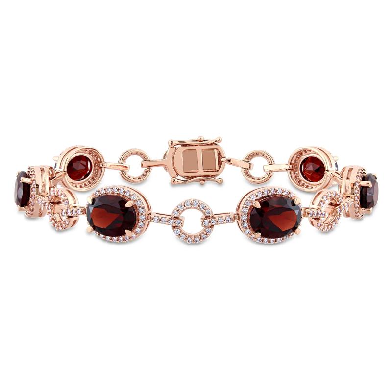 Oval Garnet &amp; Diamond Link Bracelet in 14K Rose Gold &#40;1 1/2 ct. tw.&#41; – Image 1 of 5