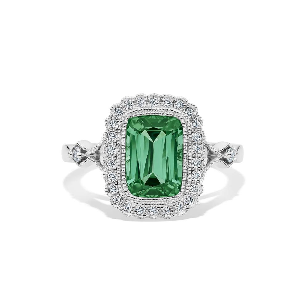 Cushion-Cut Green Tourmaline &amp; Diamond Halo Ring in 18K White Gold (1/5 ct. tw.) – Image 1 of 2