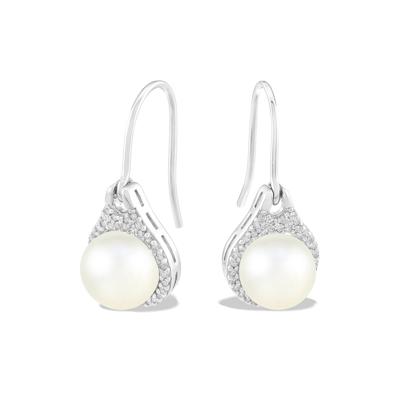 Freshwater Cultured Pearl & Diamond Drop Earrings in Sterling Silver (1/4 ct. tw.)