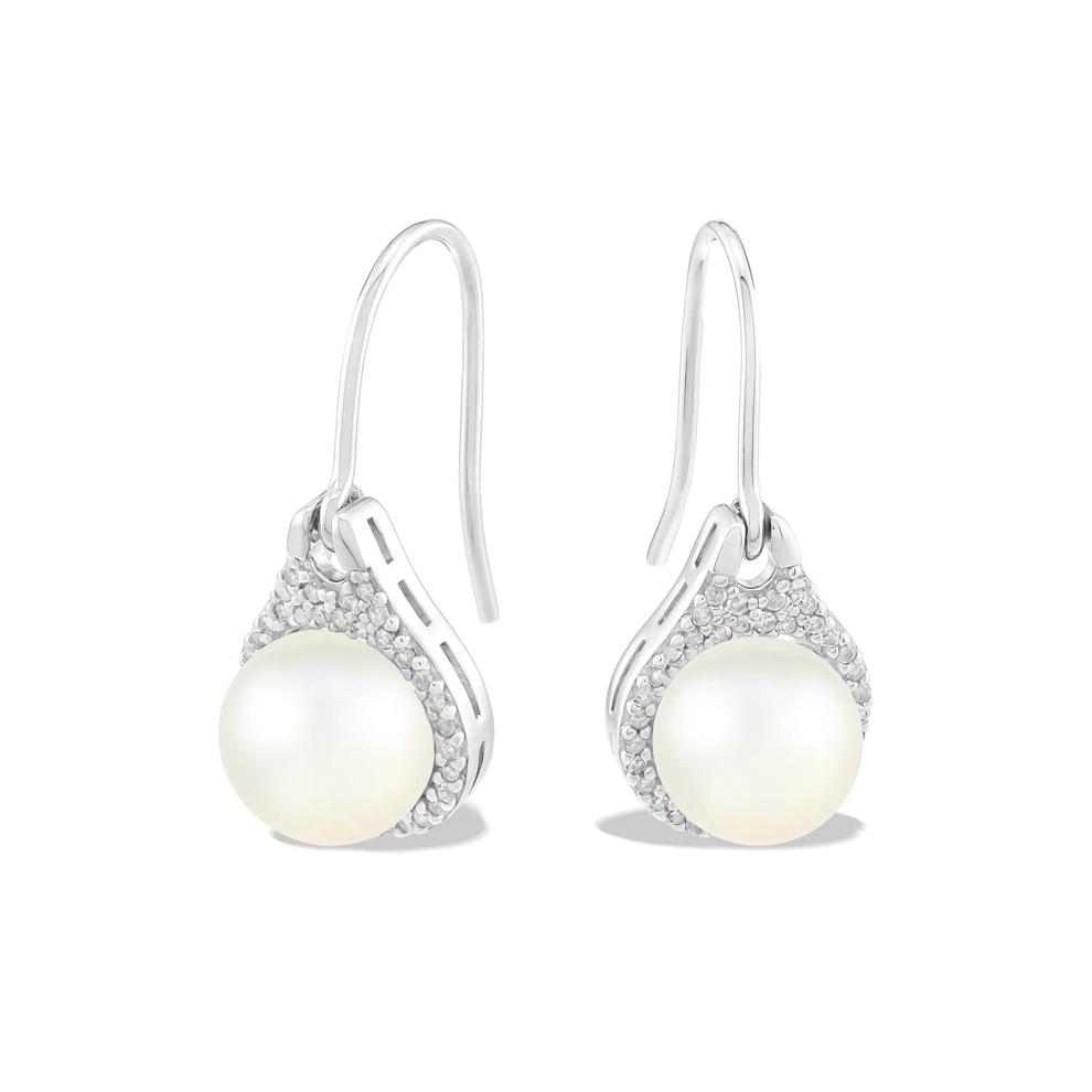 Freshwater Cultured Pearl &amp; Diamond Drop Earrings in Sterling Silver (1/4 ct. tw.) – Image 1 of 2
