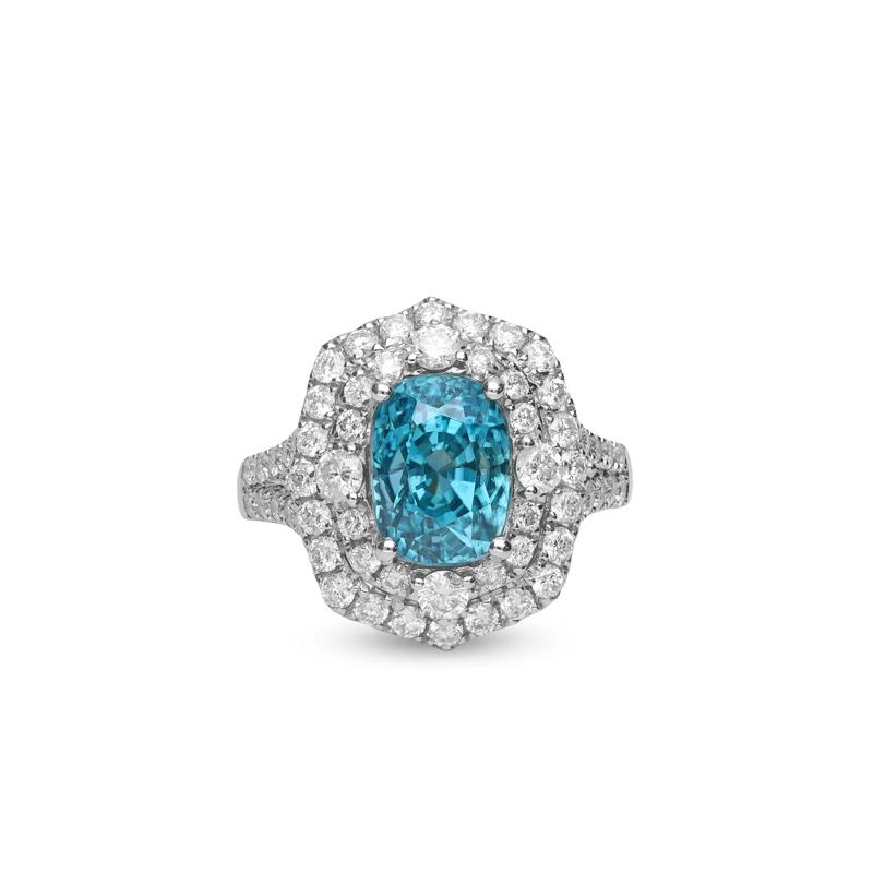 Oval Blue Zircon &amp; Diamond Double Halo Ring in 14K White Gold &#40;1 1/3 ct. tw.&#41; – Image 1 of 5