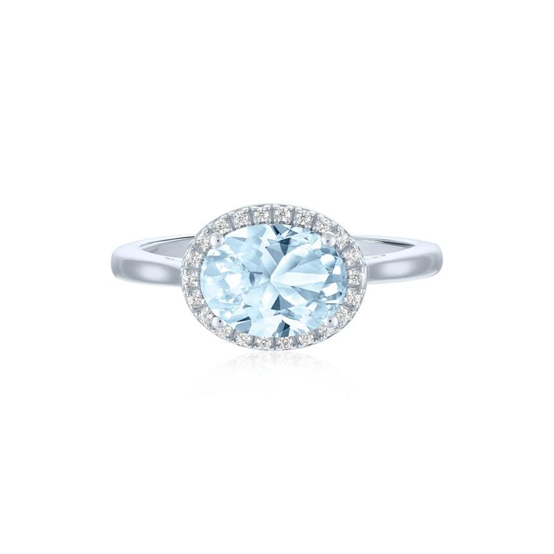 Aquamarine and Diamond Accent Halo Ring in Sterling Silver – Image 1 of 3