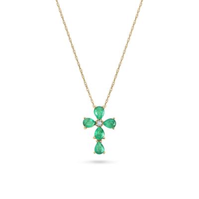 Emerald & Diamond Accent Cross Pendant Necklace in 10K Yellow Gold
