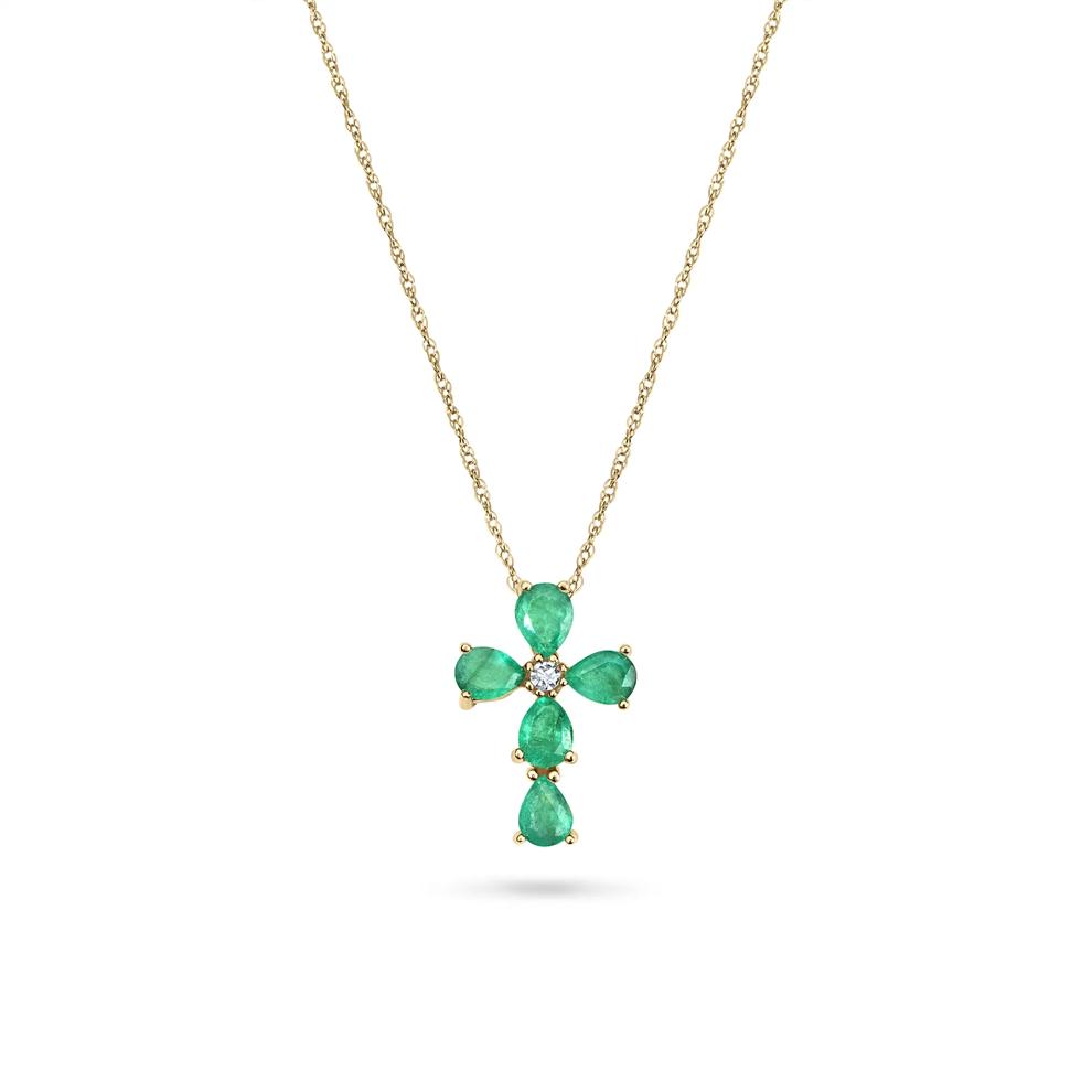 Emerald &amp; Diamond Accent Cross Pendant Necklace in 10K Yellow Gold – Image 1 of 4