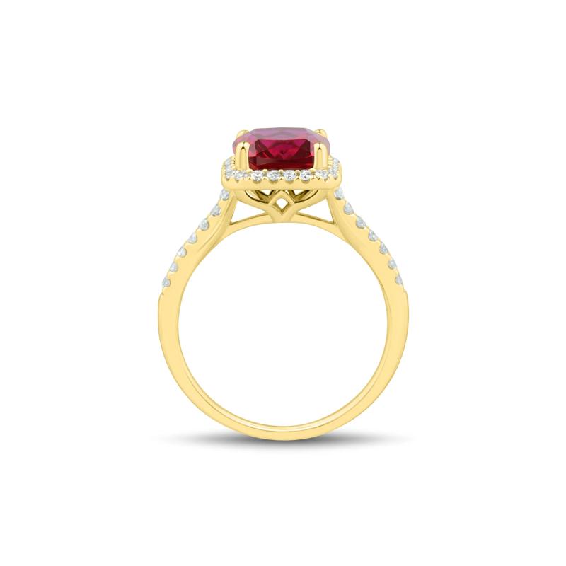 Lab-Created Cushion-Cut Ruby and Lab Grown Diamond Ring in 10K Yellow Gold &#40;1/3 ct. tw.&#41; – Image 2 of 3