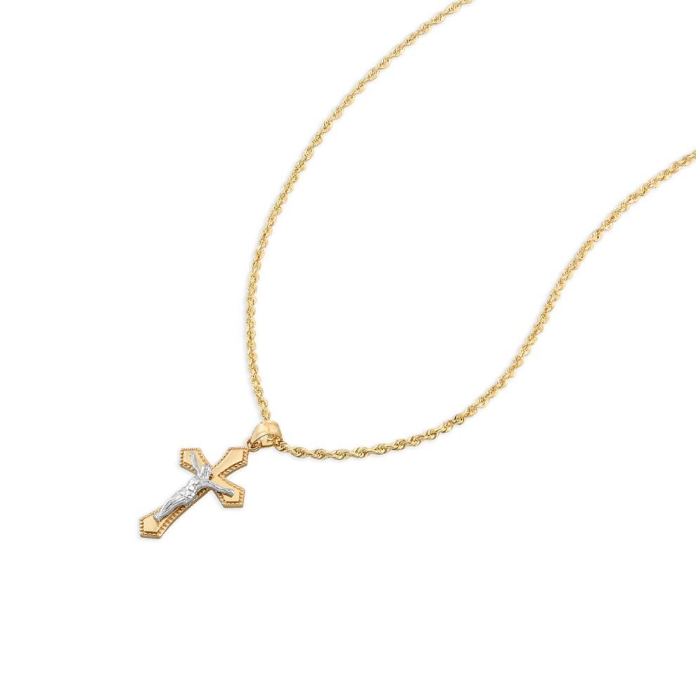 Polished Milgrain Crucifix Cross Pendant Necklace in 10K Yellow &amp; White Gold – Image 3 of 4