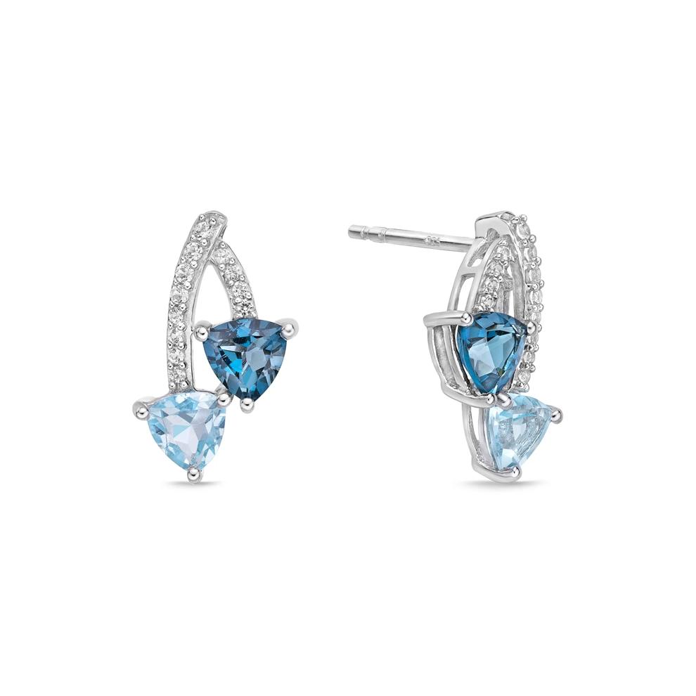 Trillion-Cut London Blue Topaz, Sky Blue Topaz and Lab-Created White Sapphire Earrings in Sterling Silver – Image 2 of 2
