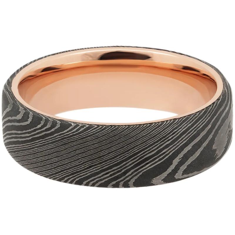 Men&rsquo;s Wedding Band with 14K Rose Gold in Damascus Steel, 7mm – Image 1 of 4