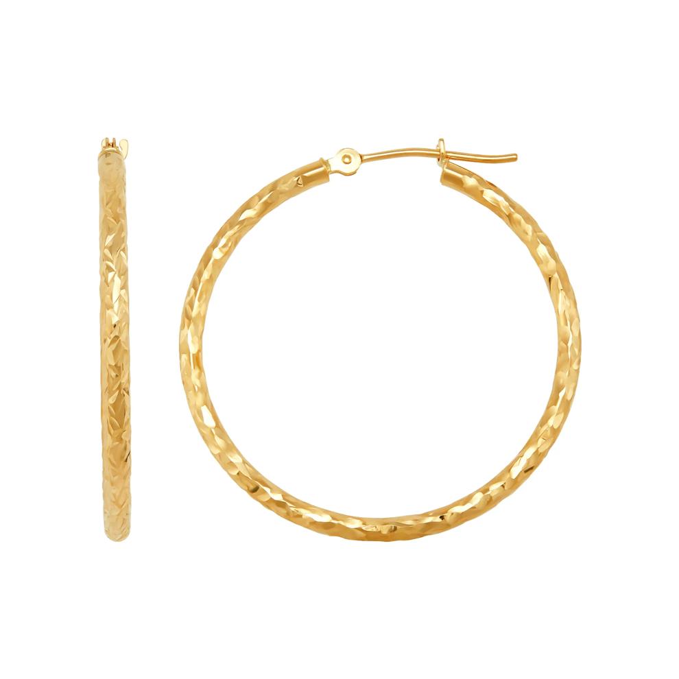 Crystal Cut Round Hoop Earrings in 10K Yellow Gold, 25MM – Image 1 of 3