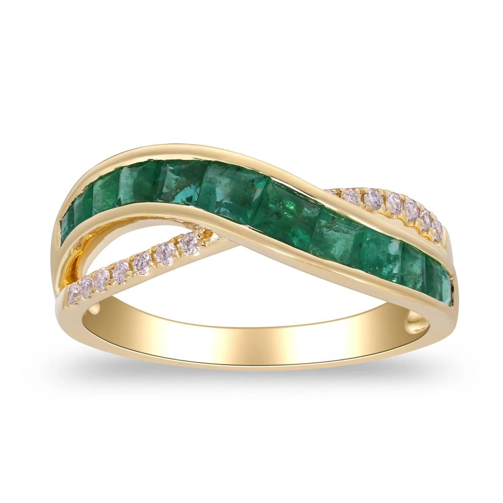 Princess-Cut Emerald &amp; Round Diamond Crossover Ring in 10K Yellow Gold (1/10 ct. tw.) – Image 5 of 5