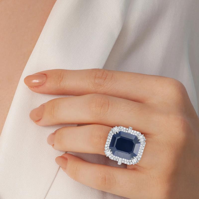 Emerald-Cut Blue Sapphire and Diamond Halo Ring in 14K White Gold &#40;1 ct. tw.&#41; – Image 5 of 5