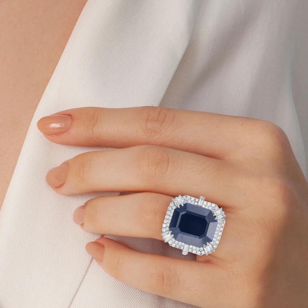 Emerald-Cut Blue Sapphire and Diamond Halo Ring in 14K White Gold (1 ct. tw.) – Image 5 of 5