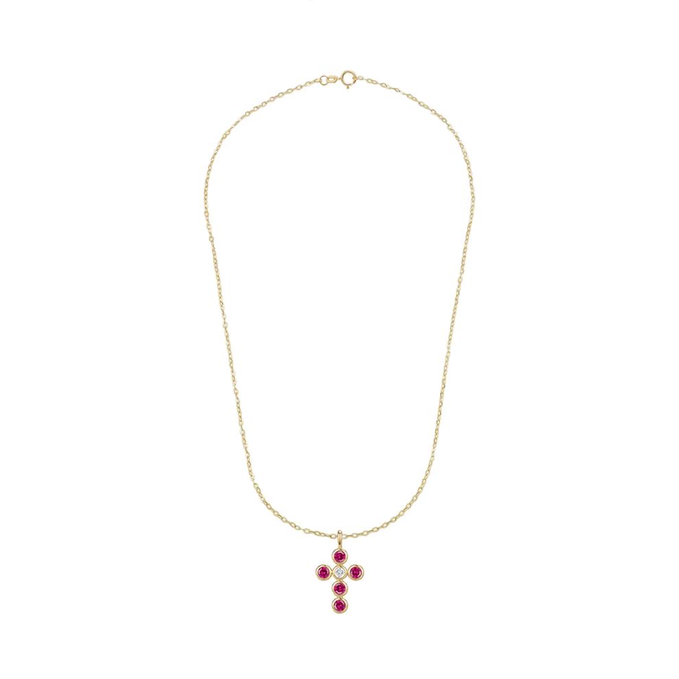 Lab-Created Ruby &amp; Diamond Accent Cross Pendant Necklace in 10K Yellow Gold – Image 3 of 4
