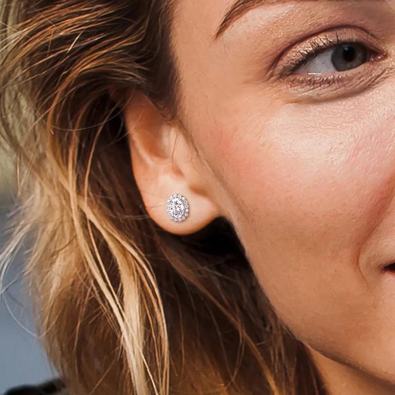 Oval Moissanite Stud Earrings with Halo in Sterling Silver (2 1/3 ct. dew) – Image 3 of 4