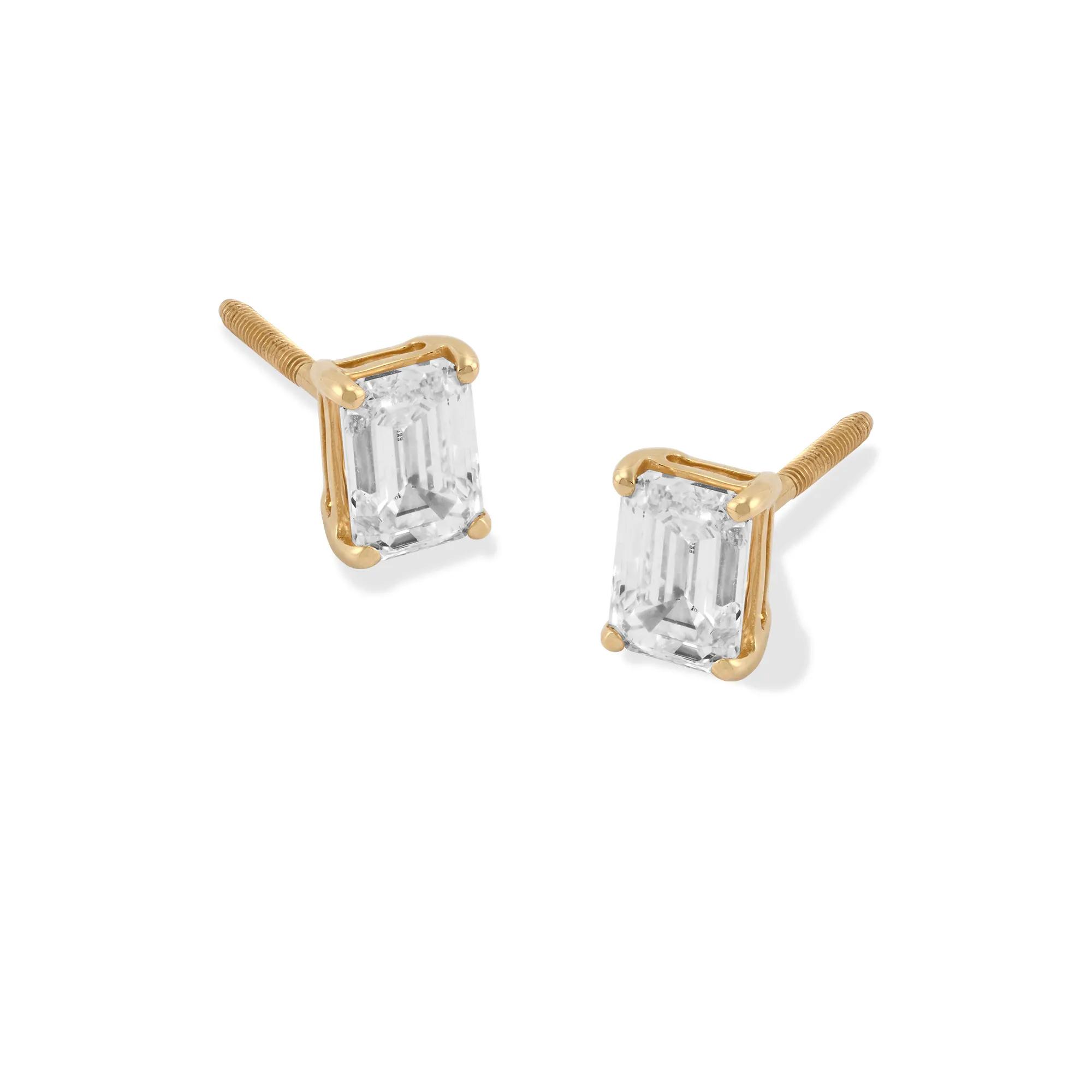 1 ct. tw. Lab Grown Diamond Emerald-Cut Four-Prong Studs | 14K Yellow Gold Earring | Size 6.20mm | Helzberg Lab Grown Diamonds