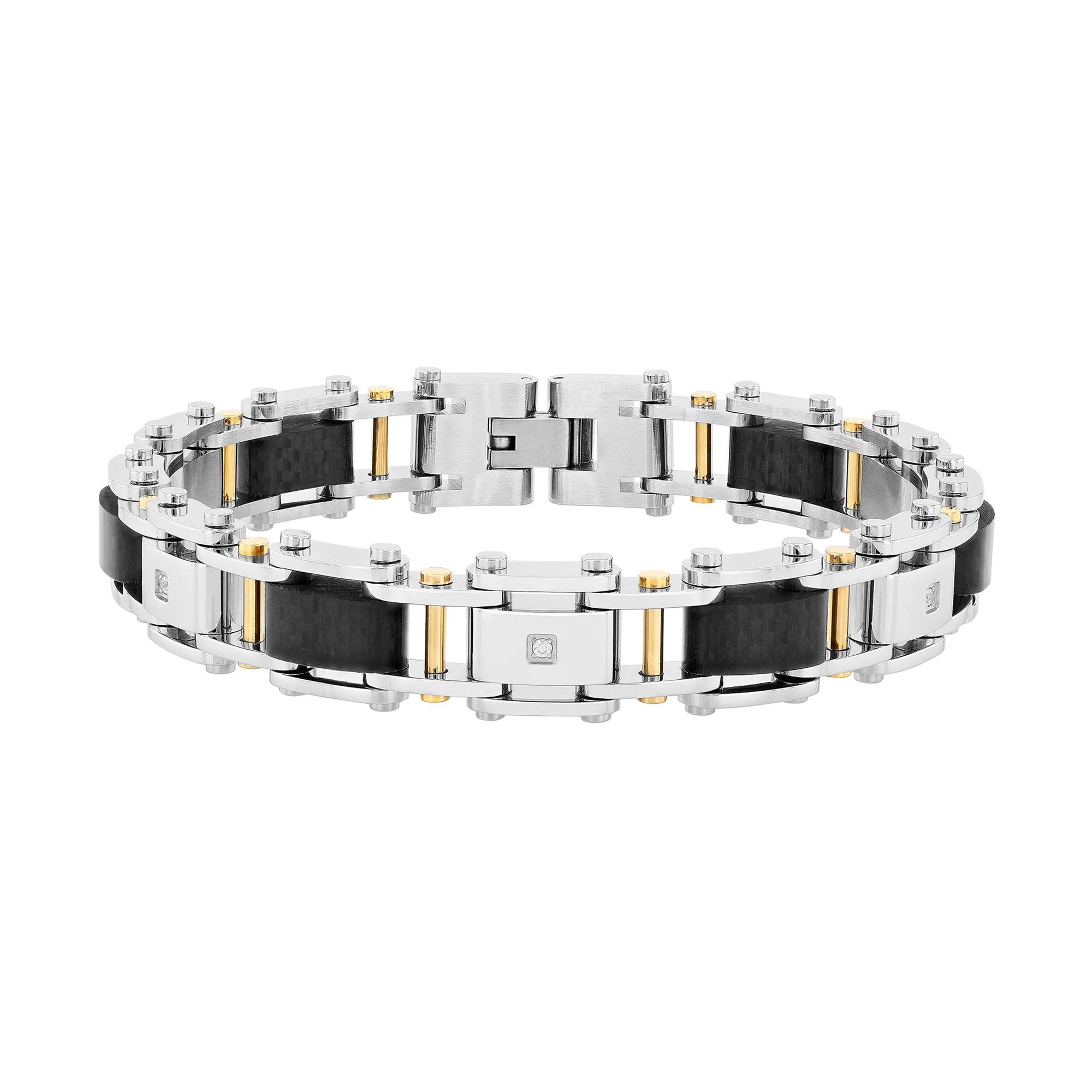 Metro Jewelry Men's Stainless Steel Link Bracelet - Black Ion Plating, Cable Inlay, 8.5" Length, 12mm Wide, Fold-Over Clasp
