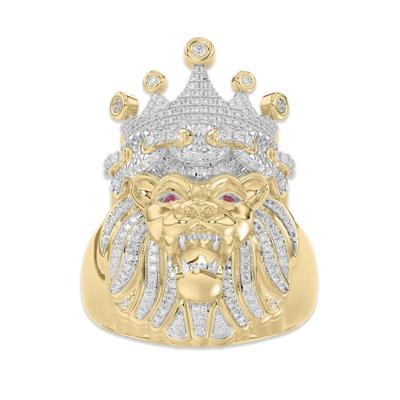 Men's Lab-Created Ruby & Diamond Lion's Head Ring in 10K Yellow Gold (1/2 ct. tw.)