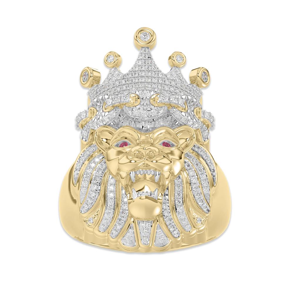 Men's Lab-Created Ruby &amp; Diamond Lion's Head Ring in 10K Yellow Gold (1/2 ct. tw.) – Image 1 of 4
