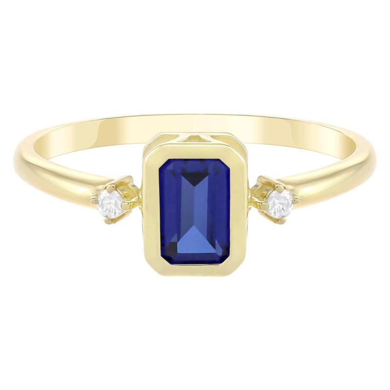 Emerald-Cut Lab-Created Blue Sapphire and Diamond Accent Ring in 10K Yellow Gold – Image 1 of 3