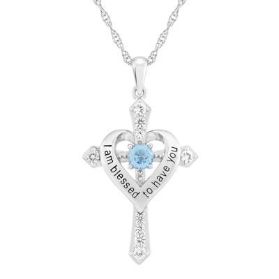 I Am Blessed to Have You Gemstone and Lab-Created White Sapphire Cross Pendant in Sterling Silver