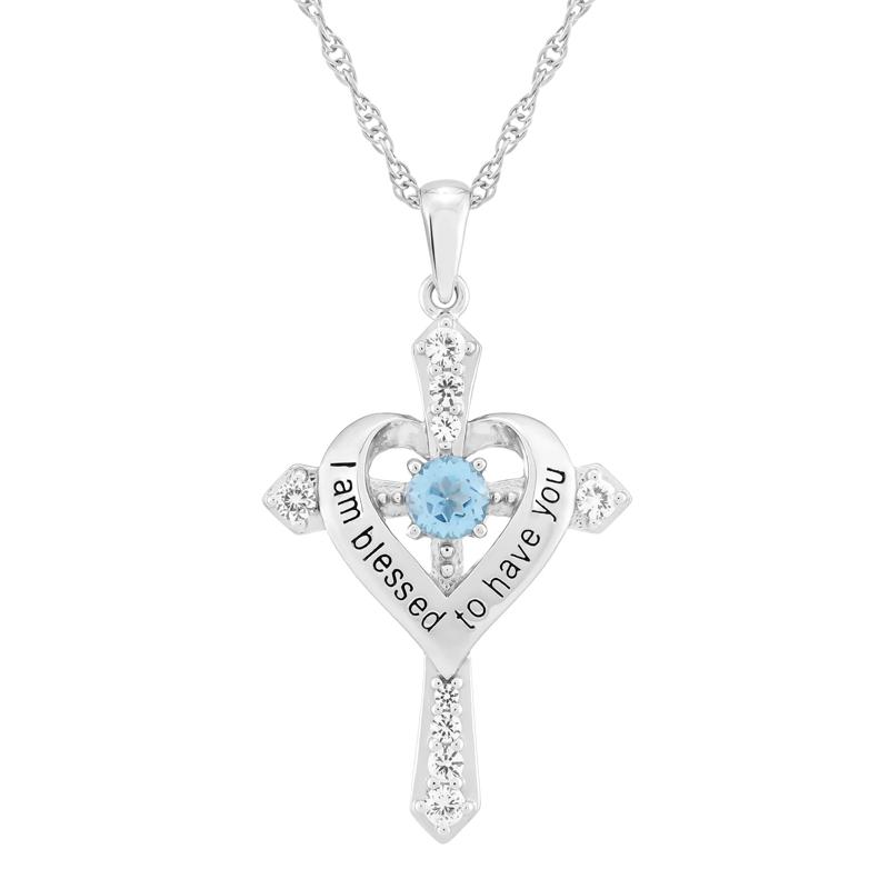 I Am Blessed to Have You Blue Topaz Lab-Created White Sapphire Cross Pendant in Sterling Silver – Image 1 of 3