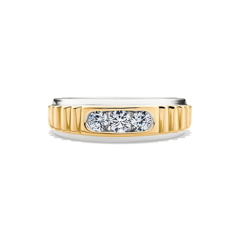 Men's Lab Grown Diamond Three-Stone Ribbed Band in 10K White &amp; Yellow Gold (1/4 ct. tw.) – Image 1 of 4