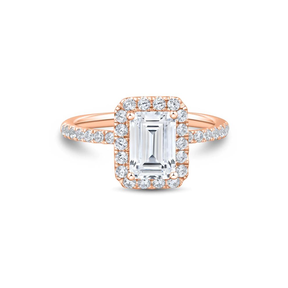 Lab Grown Diamond Emerald-Cut Halo Engagement Ring in 14K Rose Gold (2 ct. tw.) – Image 1 of 3