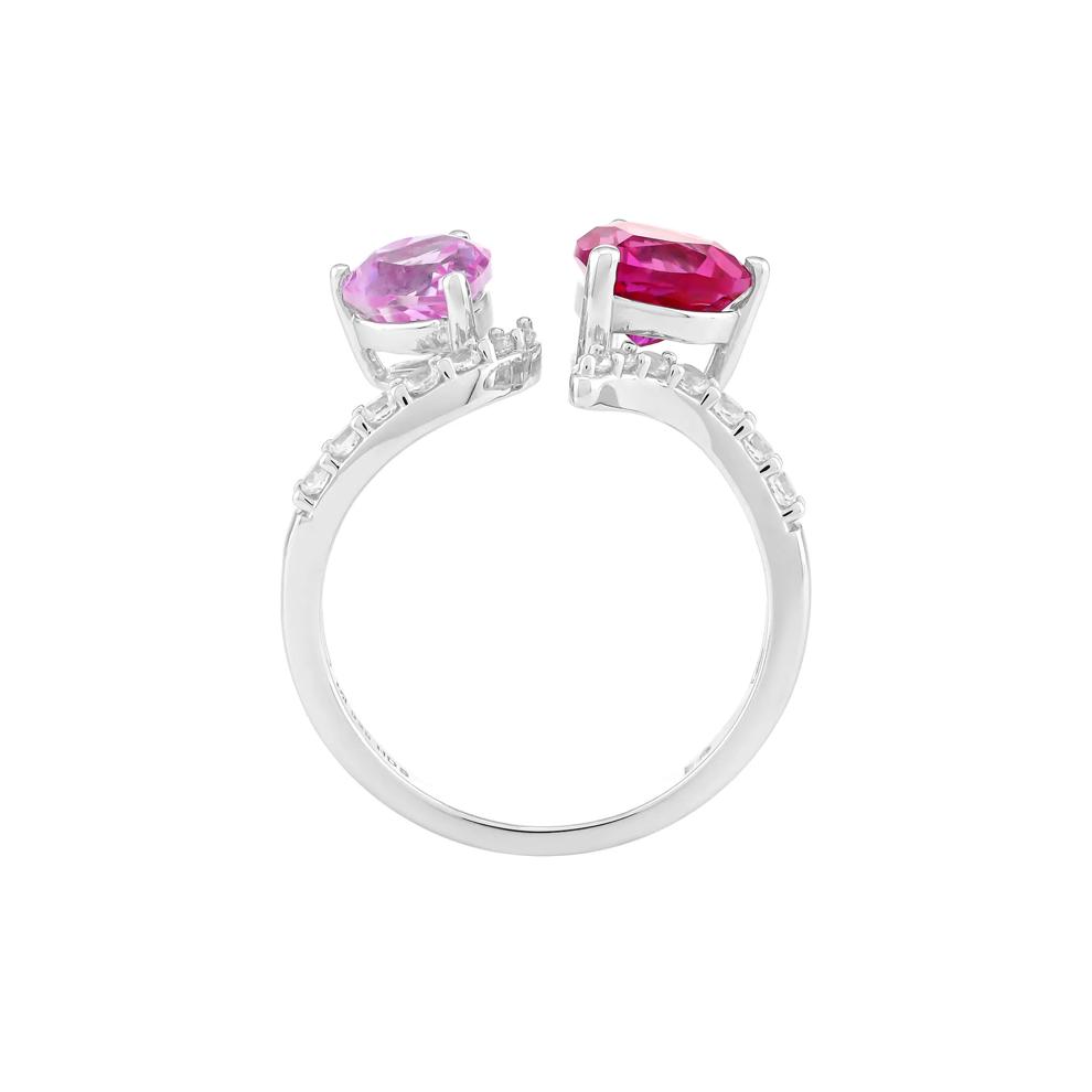 Lab-Created Pink Sapphire &amp; Lab-Created White Sapphire Toi et Moi Hearts Open-Front Ring in Sterling Silver – Image 2 of 3