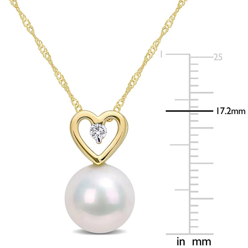 Single Pearl Necklace with Heart &amp; Diamond Accent in 10K Yellow Gold – Image 2 of 4
